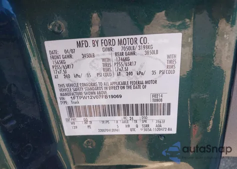 2007 Ford F150 Lariat/Xlt из США, поврежденный, VIN 1FTPW12V07FB19069